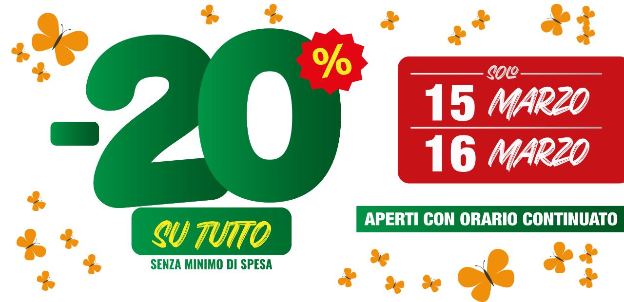 Sconto 20% su tutto, sabato 15 e domenica  16 marzo